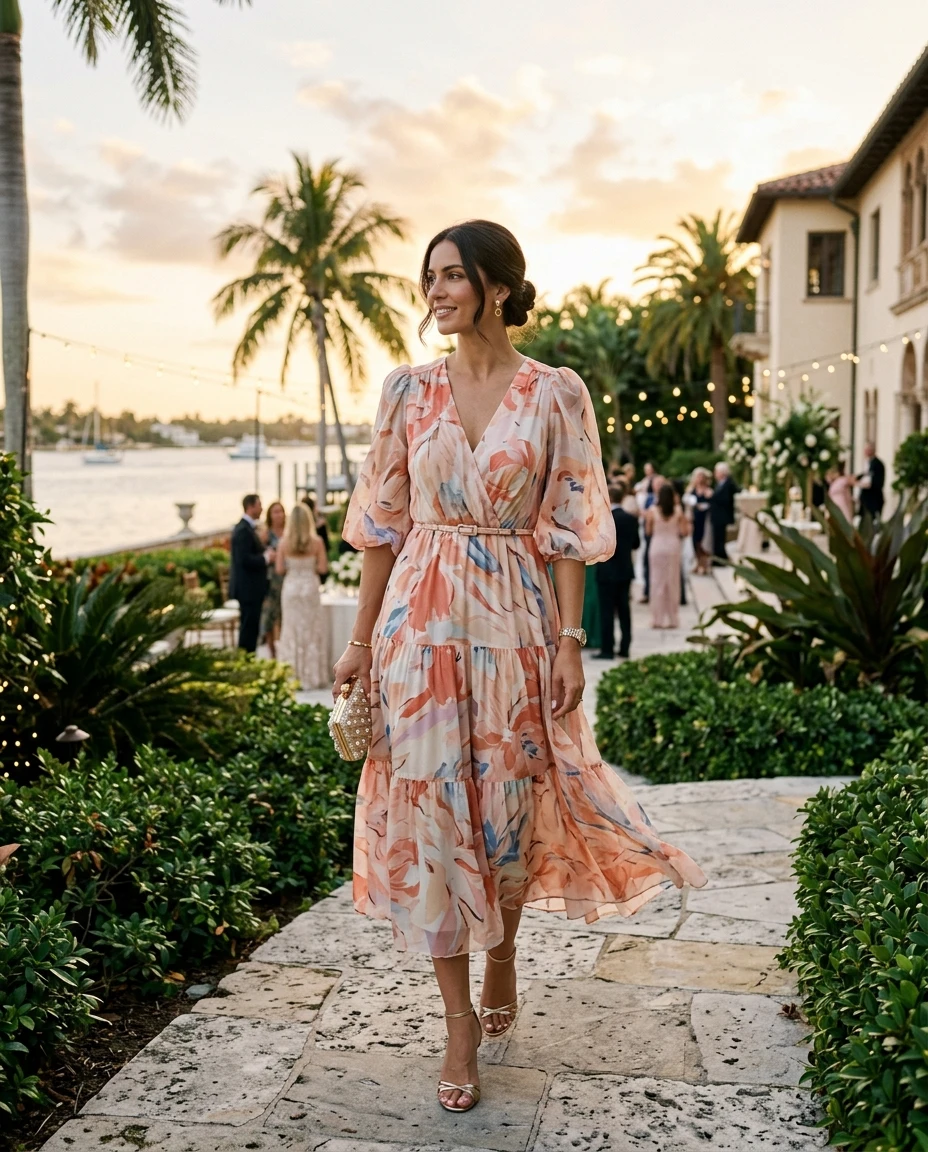 Gemma Deeks Style Guide: Semi Formal wedding guest dress in Florida Summer 2026