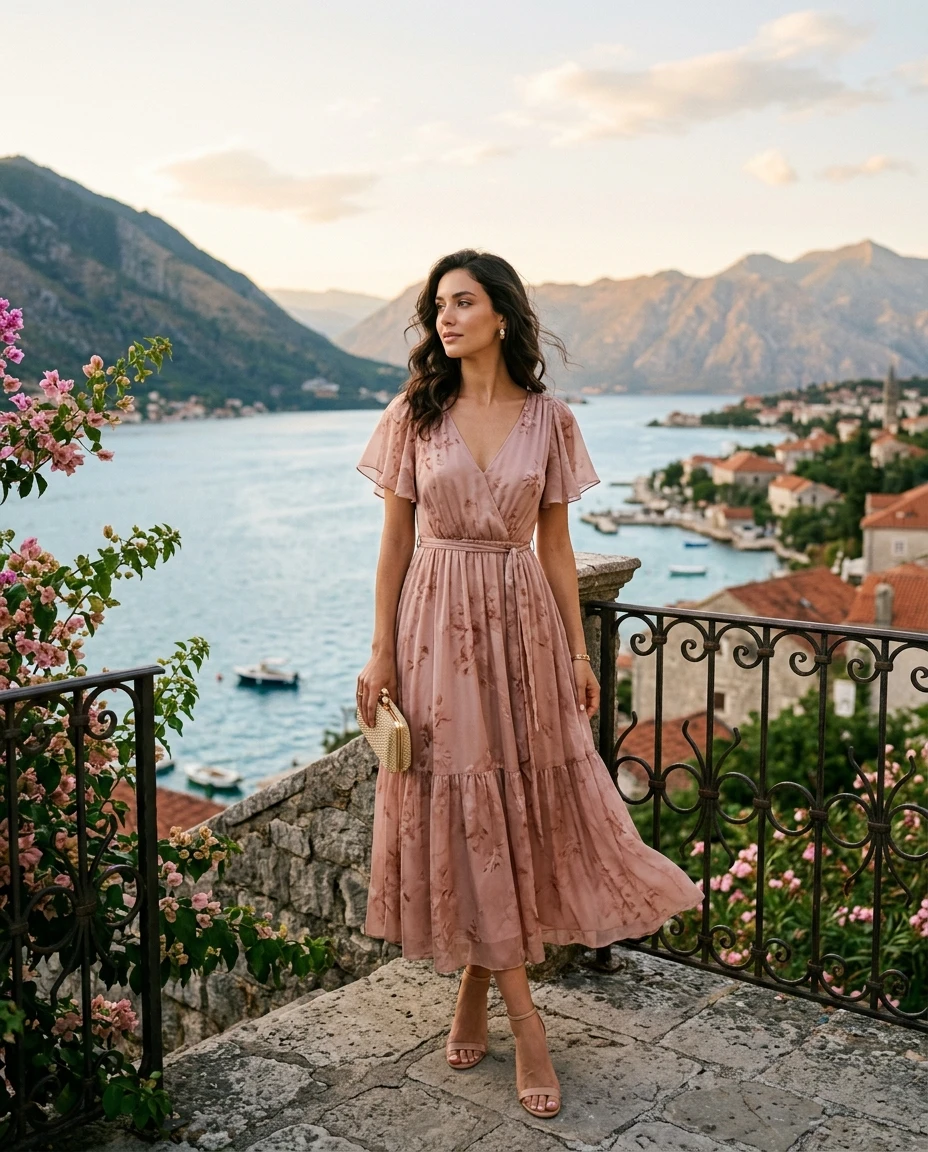 Gemma Deeks Style Guide: Semi Formal wedding guest dress in Montenegro Summer 2026