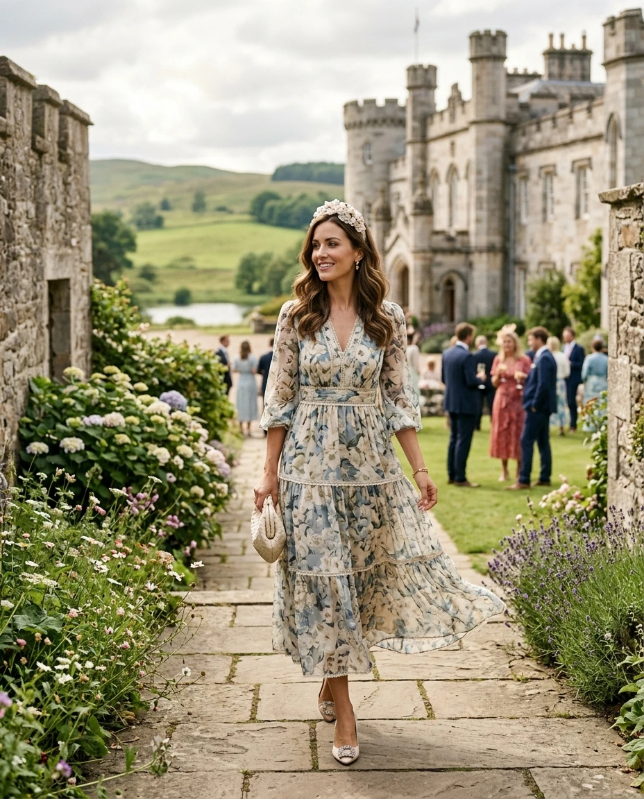 Gemma Deeks Style Guide: Semi Formal wedding guest dress in Scotland Summer 2026