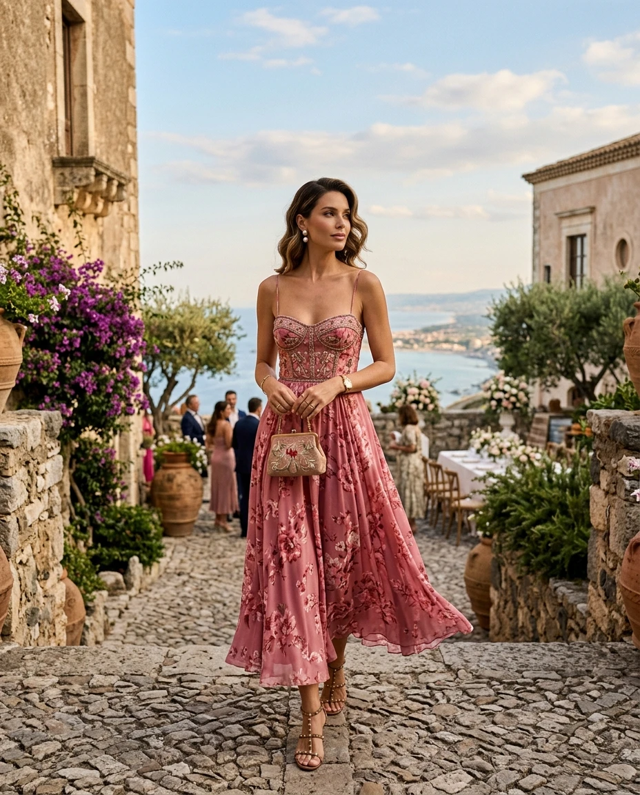 Gemma Deeks Style Guide: Semi Formal wedding guest dress in Sicily Summer 2026
