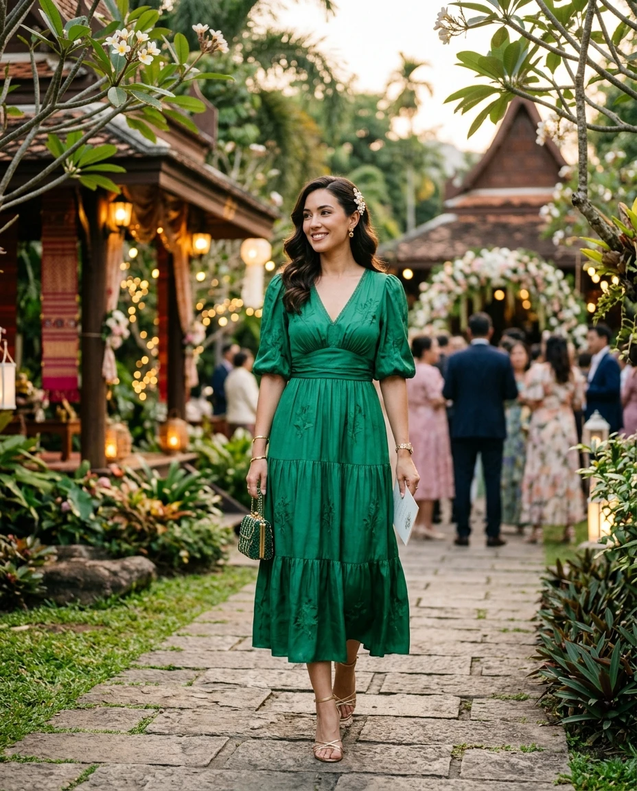 Gemma Deeks Style Guide: Semi Formal wedding guest dress in Thailand Summer 2026