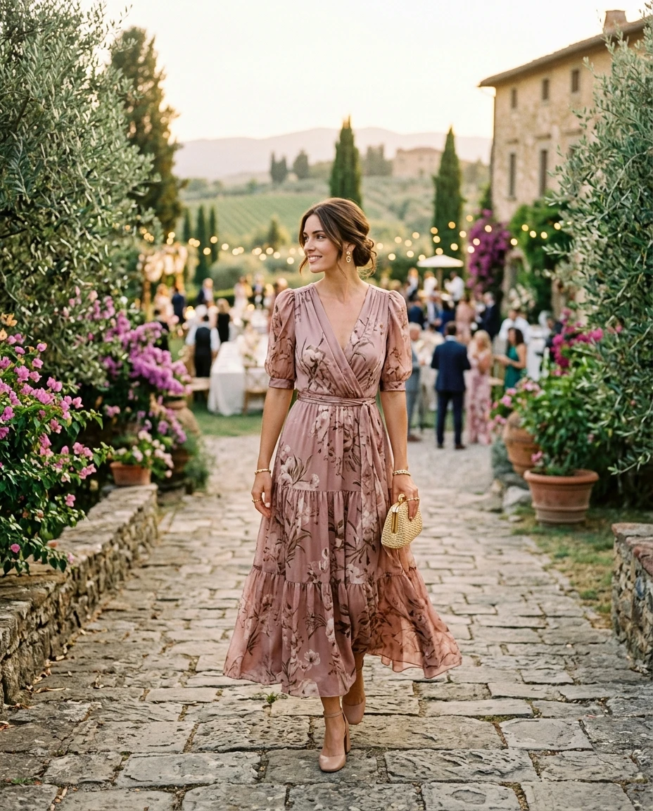 Gemma Deeks Style Guide: Semi Formal wedding guest dress in Tuscany Summer 2026
