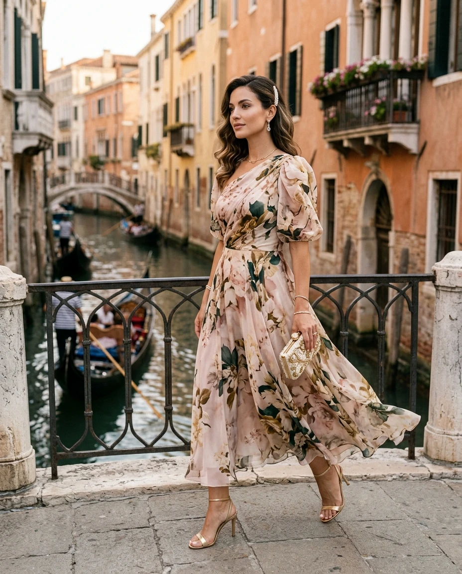 Gemma Deeks Style Guide: Semi Formal wedding guest dress in Venice Summer 2026