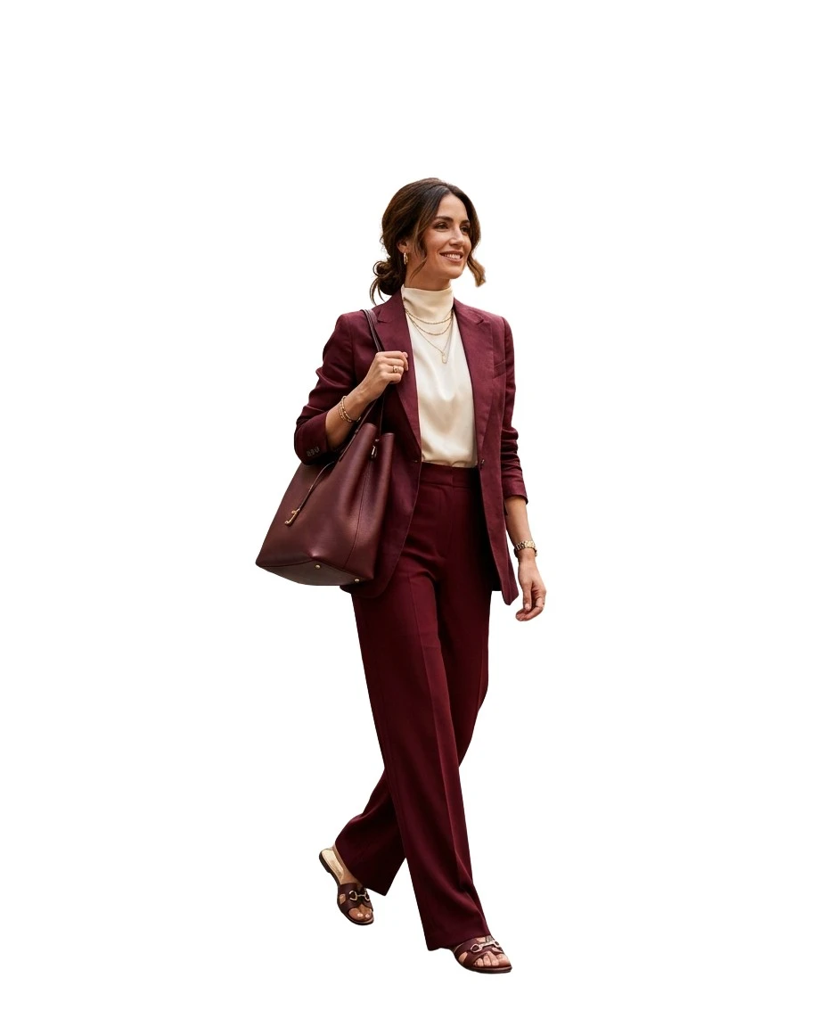 Gemma Deeks Style Guide: Smart Casual dinner outfit in Burgundy Summer 2026