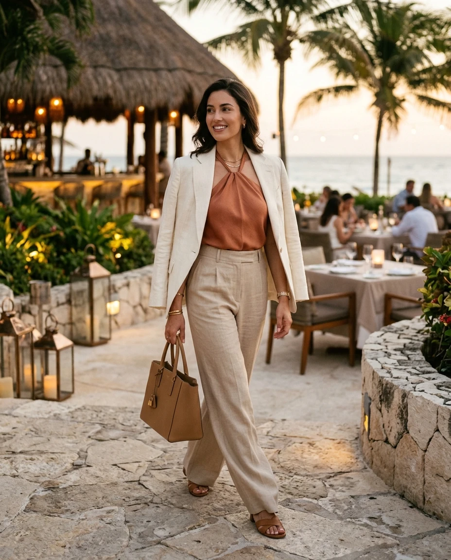 Gemma Deeks Style Guide: Smart Casual dinner outfit in Cancun Summer 2026