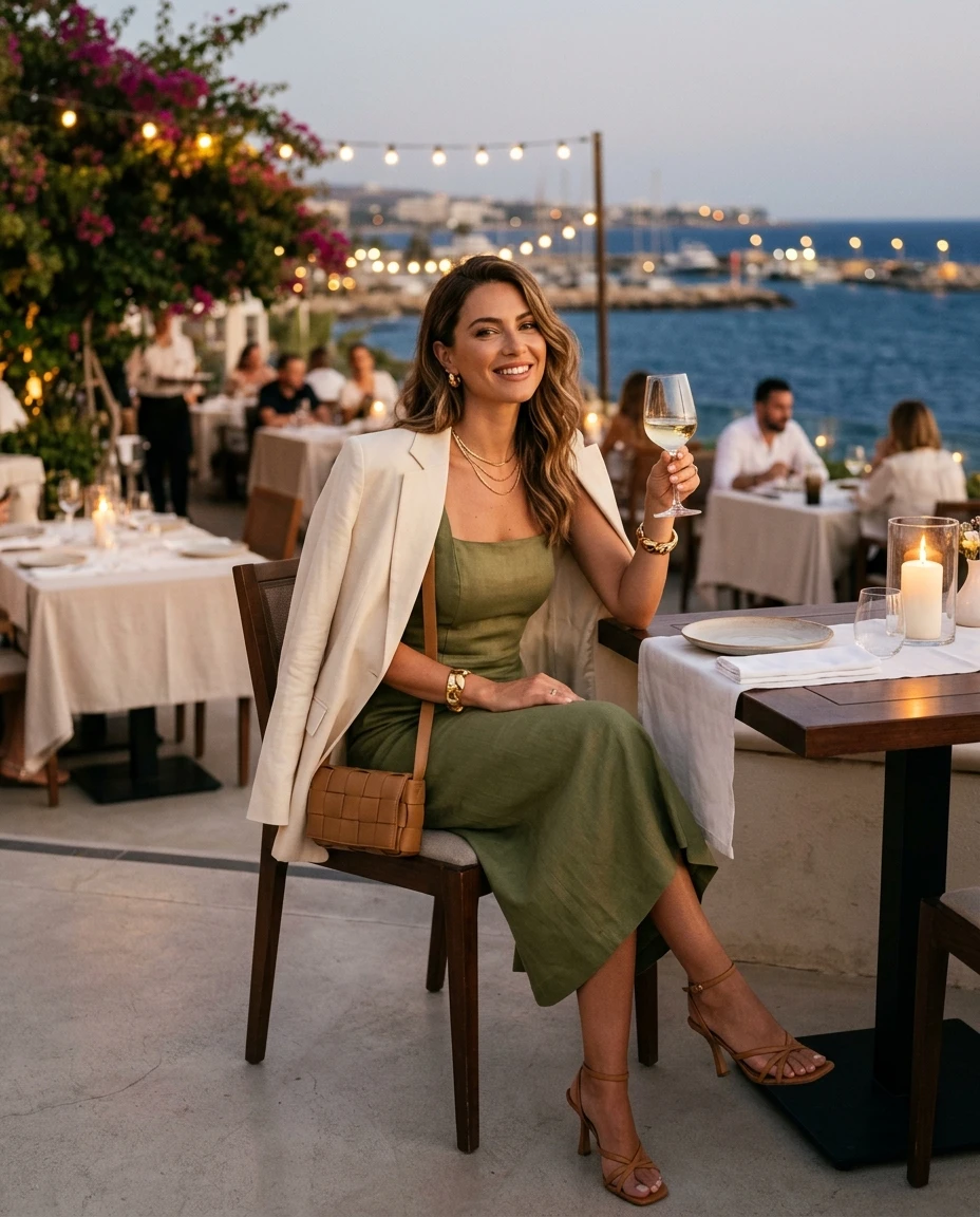Gemma Deeks Style Guide: Smart Casual dinner outfit in Cyprus Summer 2026