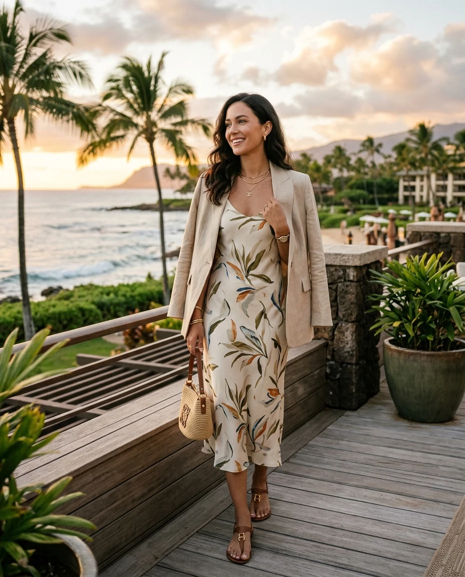 Gemma Deeks Style Guide: Smart Casual dinner outfit in Hawaii Summer 2026