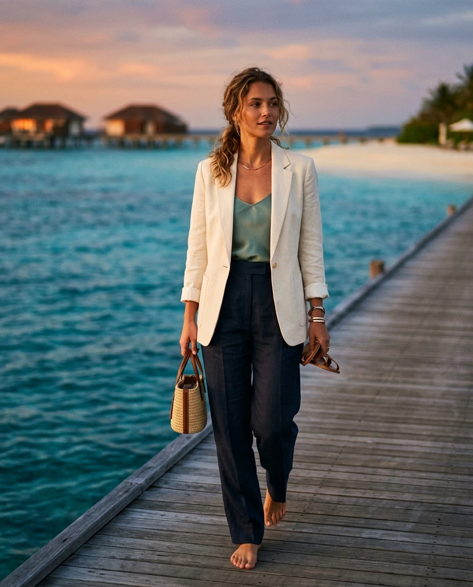 Gemma Deeks Style Guide: Smart Casual dinner outfit in Maldives Summer 2026