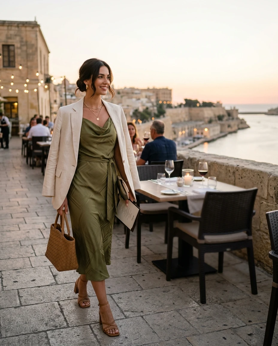 Gemma Deeks Style Guide: Smart Casual dinner outfit in Malta Summer 2026