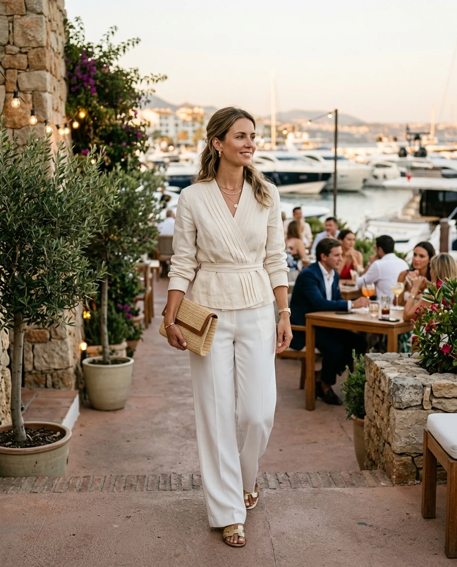 Gemma Deeks Style Guide: Smart Casual dinner outfit in Marbella Summer 2026