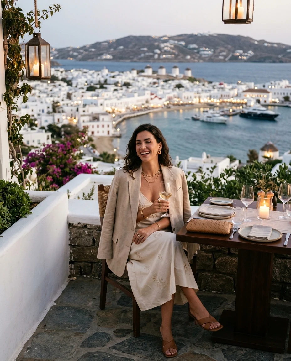 Gemma Deeks Style Guide: Smart Casual dinner outfit in Mykonos Summer 2026