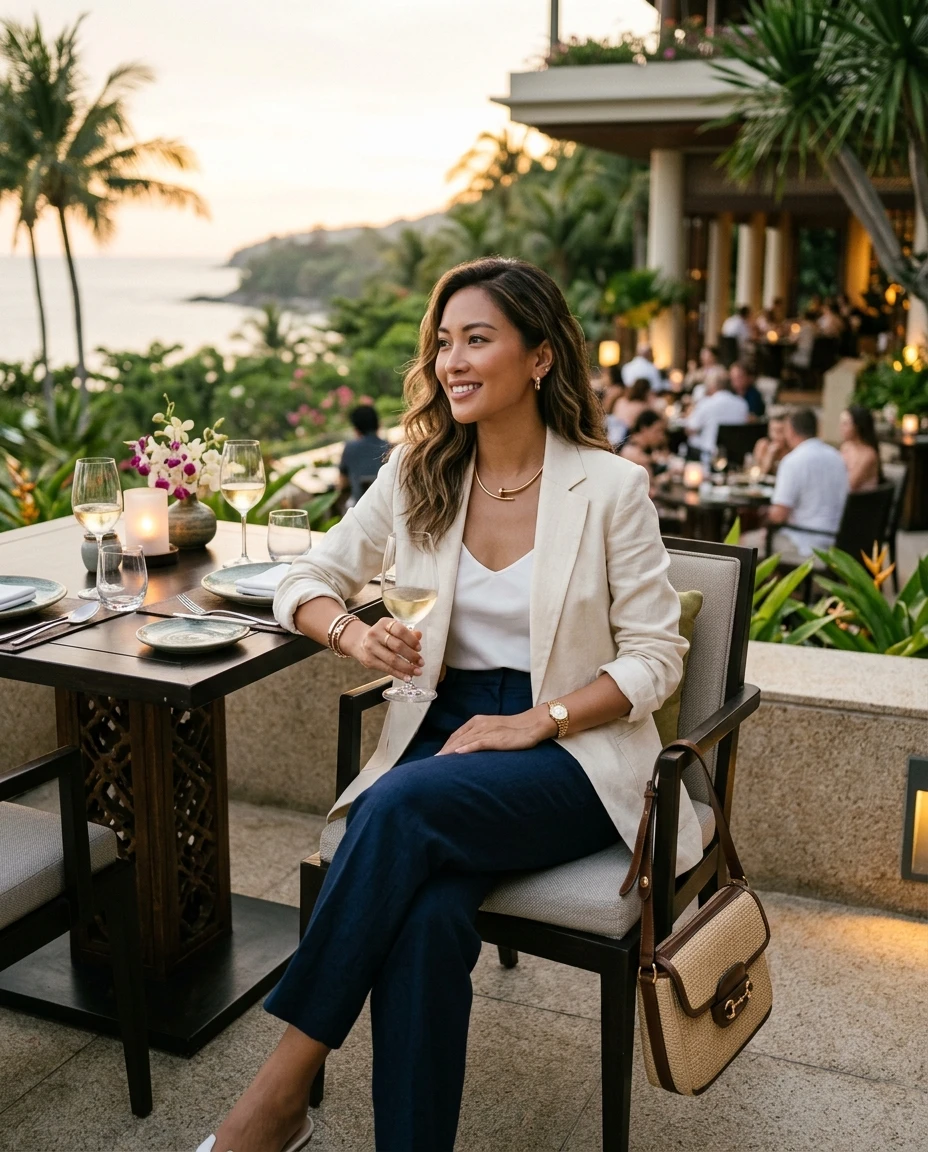 Gemma Deeks Style Guide: Smart Casual dinner outfit in Thailand Summer 2026