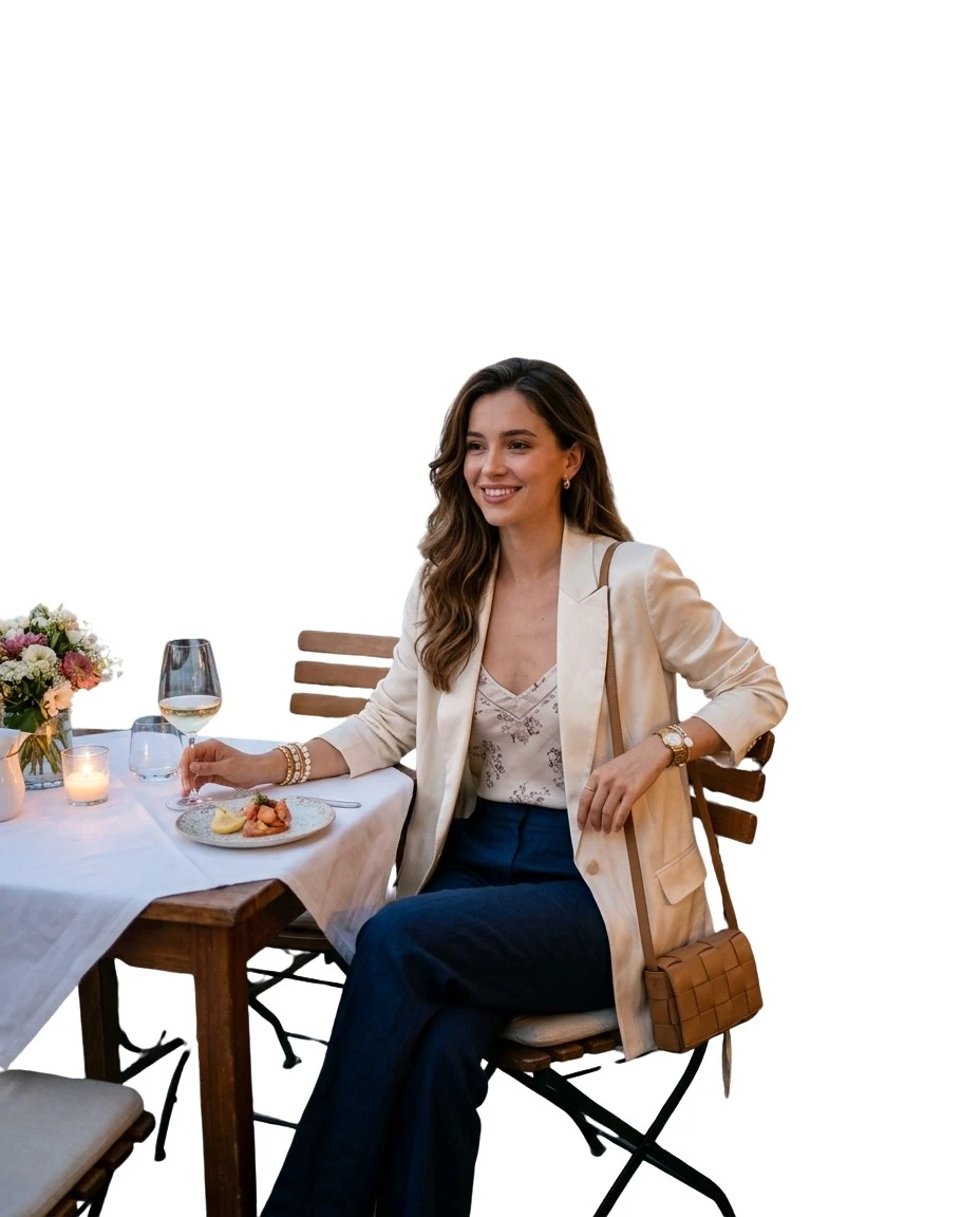 Gemma Deeks Style Guide: Smart Casual dinner outfit in Venice Summer 2026