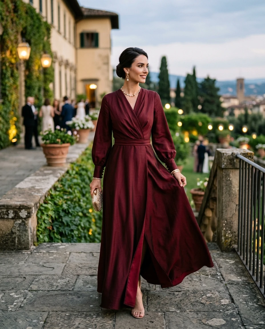 Gemma Deeks Style Guide: Smart Casual gala gown in Burgundy Summer 2026