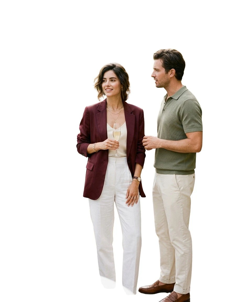 Gemma Deeks Style Guide: Smart Casual Holiday parties in Burgundy Summer 2026
