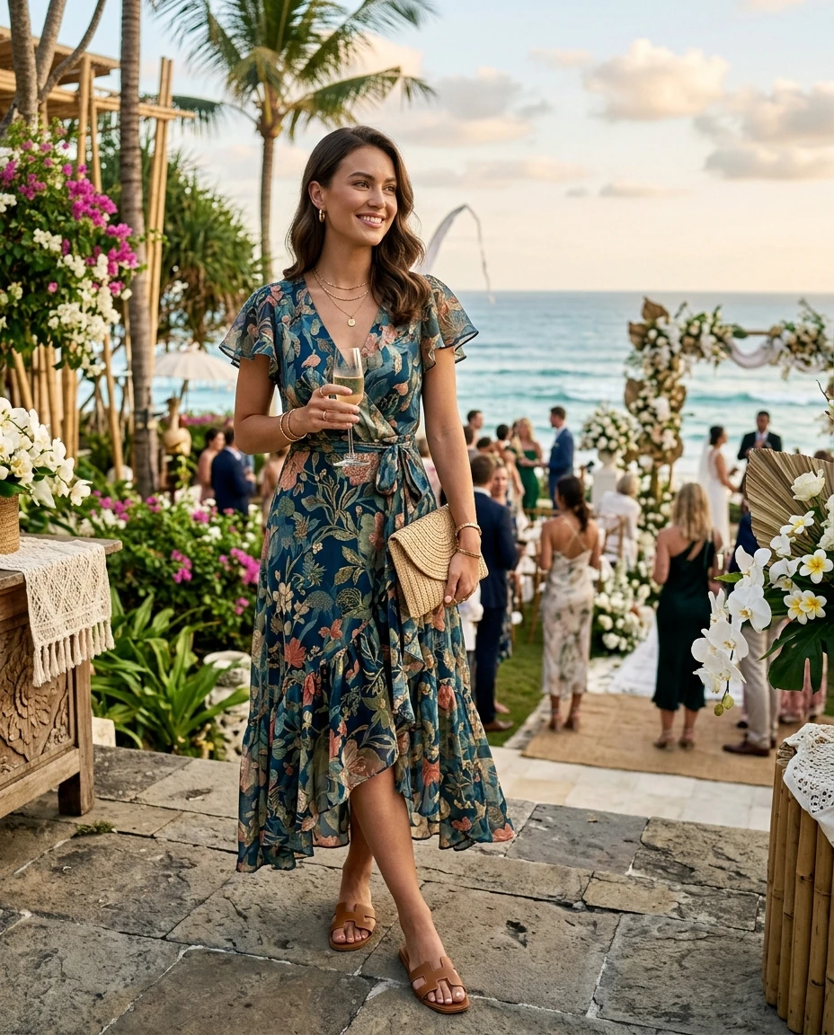 Gemma Deeks Style Guide: Smart Casual wedding guest dress in Bali Summer 2026