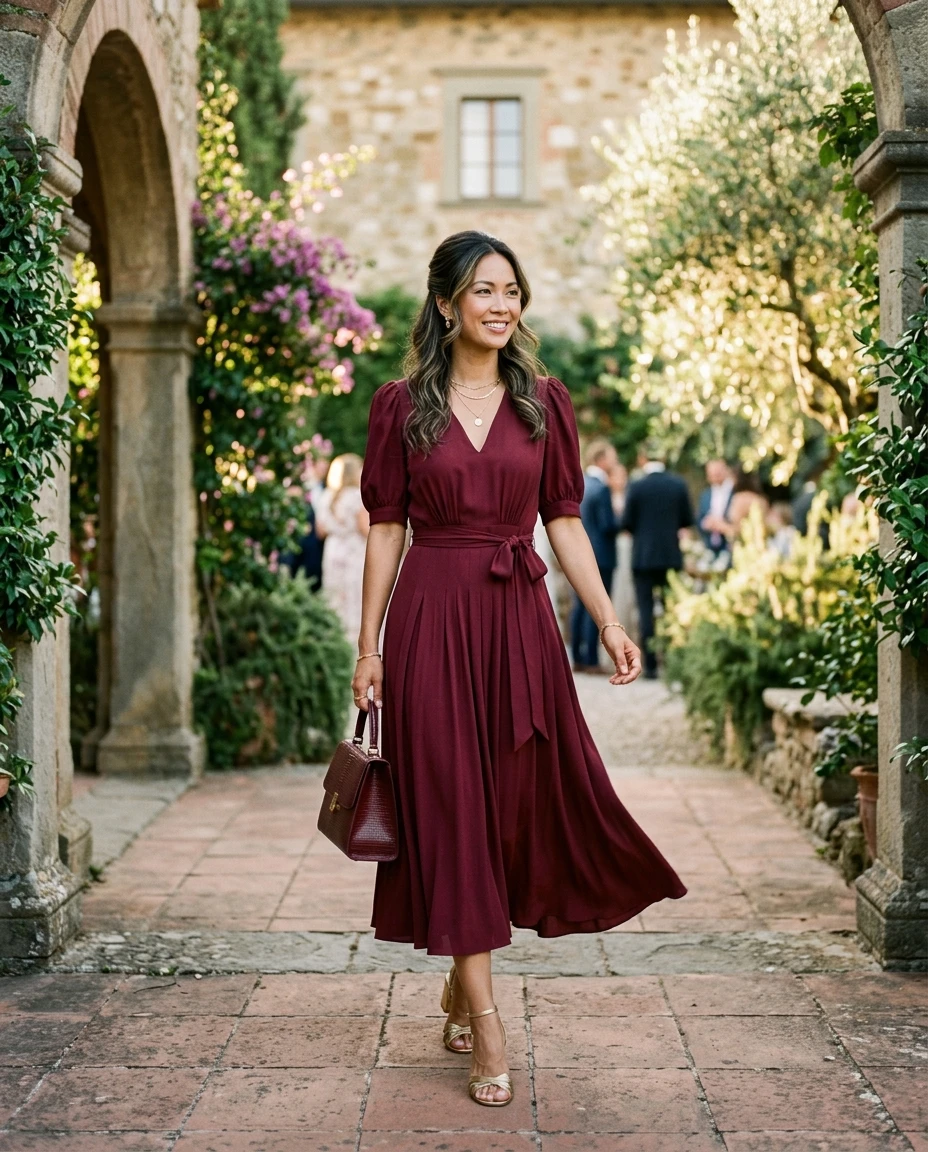 Gemma Deeks Style Guide: Smart Casual wedding guest dress in Burgundy Summer 2026