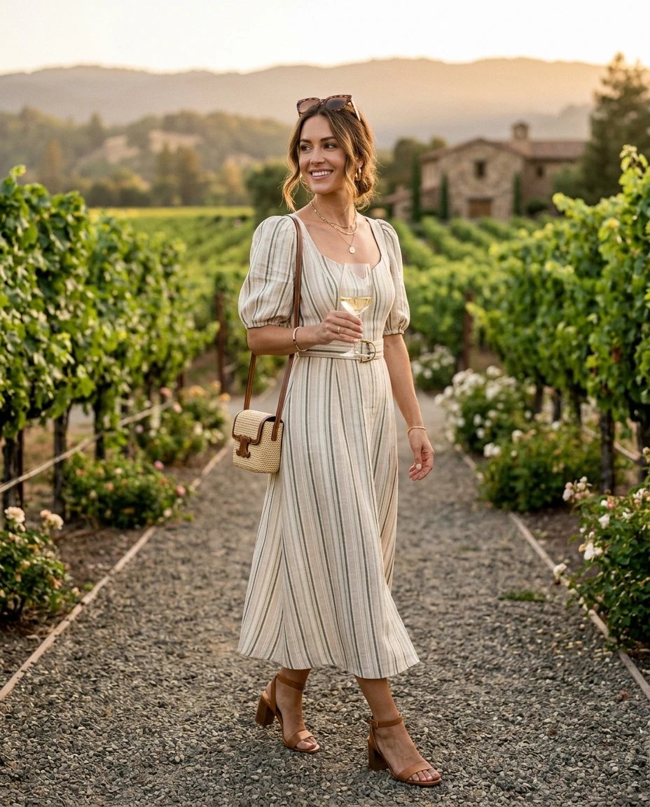 Gemma Deeks Style Guide: Smart Casual wedding guest dress in Napa Valley Summer 2026