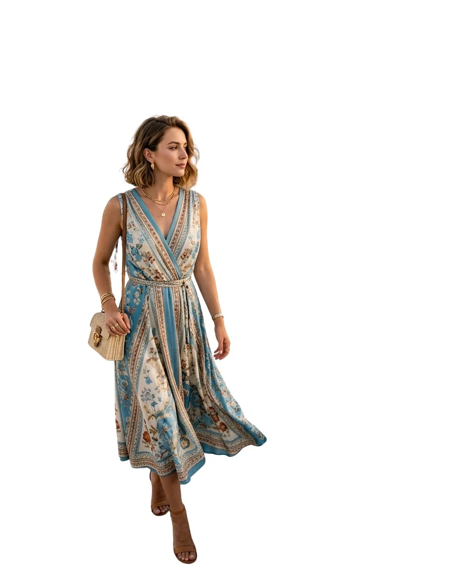 Gemma Deeks Style Guide: Smart Casual wedding guest dress in Santorini Summer 2026