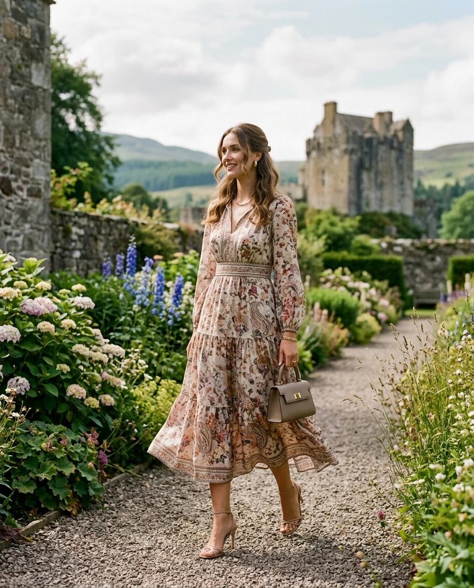 Gemma Deeks Style Guide: Smart Casual wedding guest dress in Scotland Summer 2026