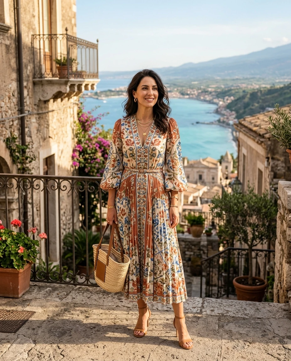 Gemma Deeks Style Guide: Smart Casual wedding guest dress in Sicily Summer 2026
