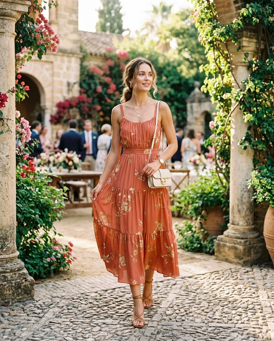 Gemma Deeks Style Guide: Smart Casual wedding guest dress in Spain Summer 2026