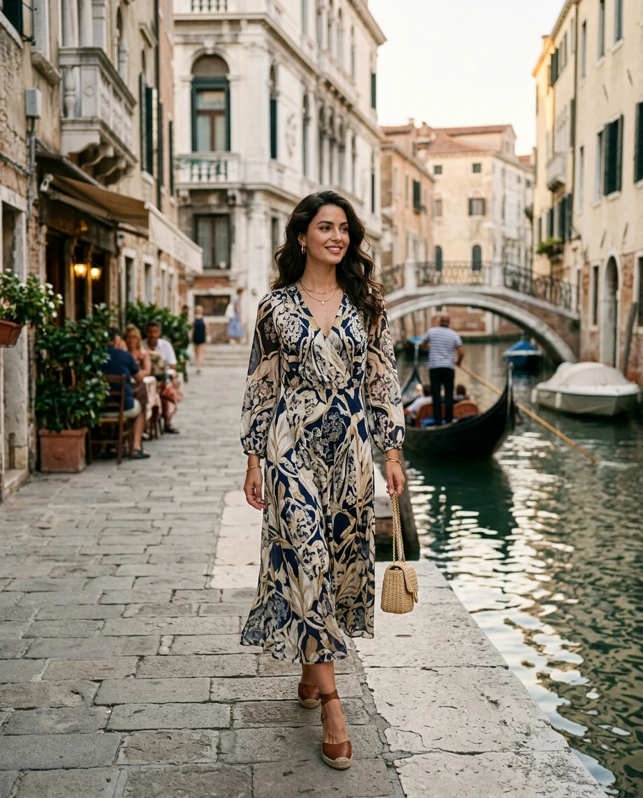 Gemma Deeks Style Guide: Smart Casual wedding guest dress in Venice Summer 2026
