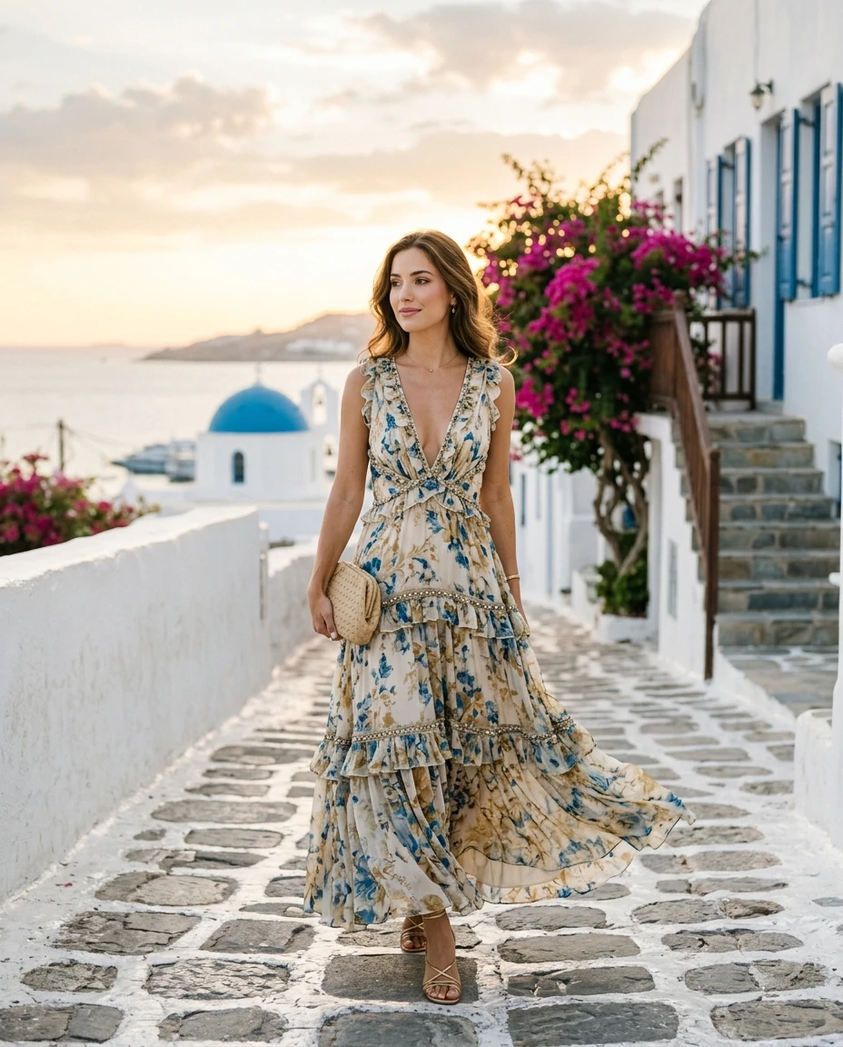 Gemma Deeks Style Guide: Stunning Wedding Guest Dresses for Mykonos Bliss