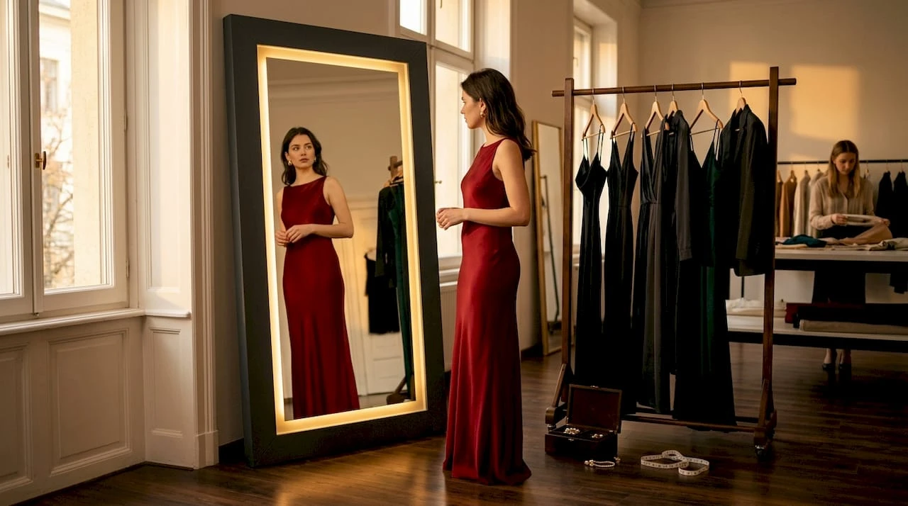 Eine Frau schlüpft im Modesalon in ein elegantes Abendkleid.