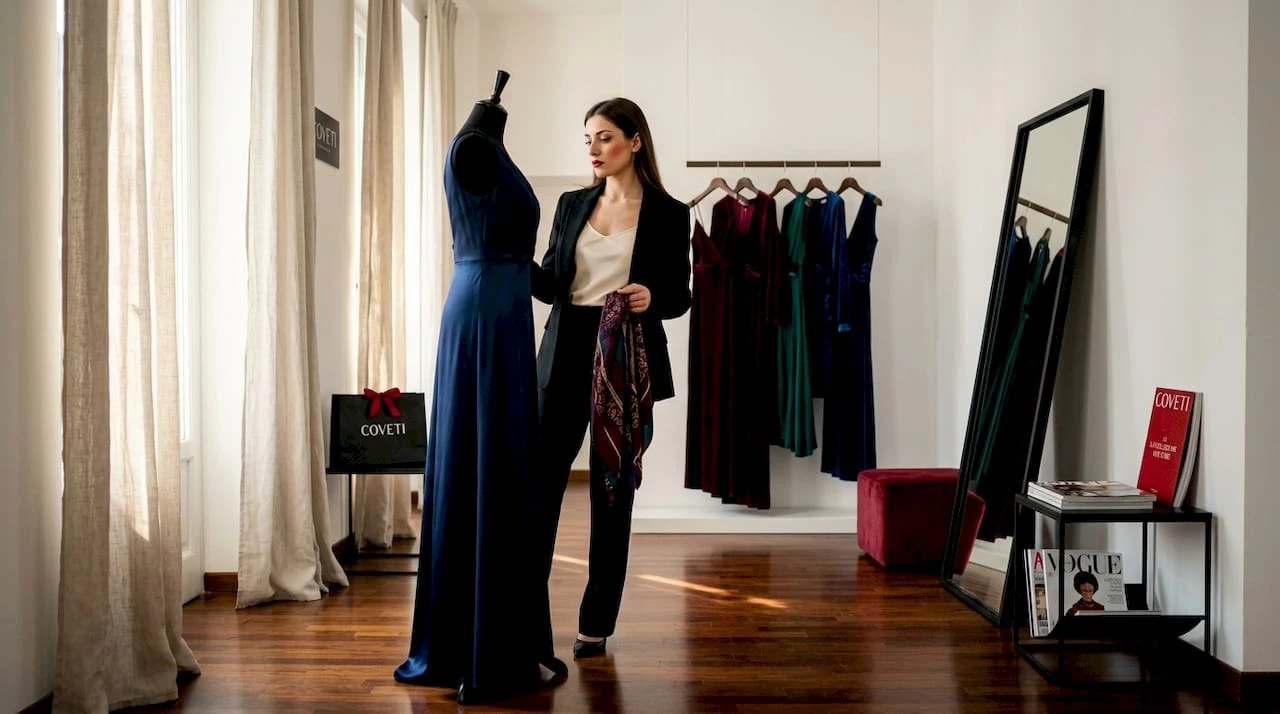Una donna prova diversi abiti da sera nella cabina di un elegante boutique, cercando quello perfetto per la sua serata speciale.