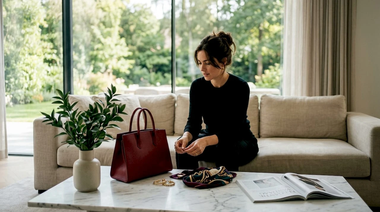 Een vrouw legt haar luxe modeaccessoires zorgvuldig uit op tafel.