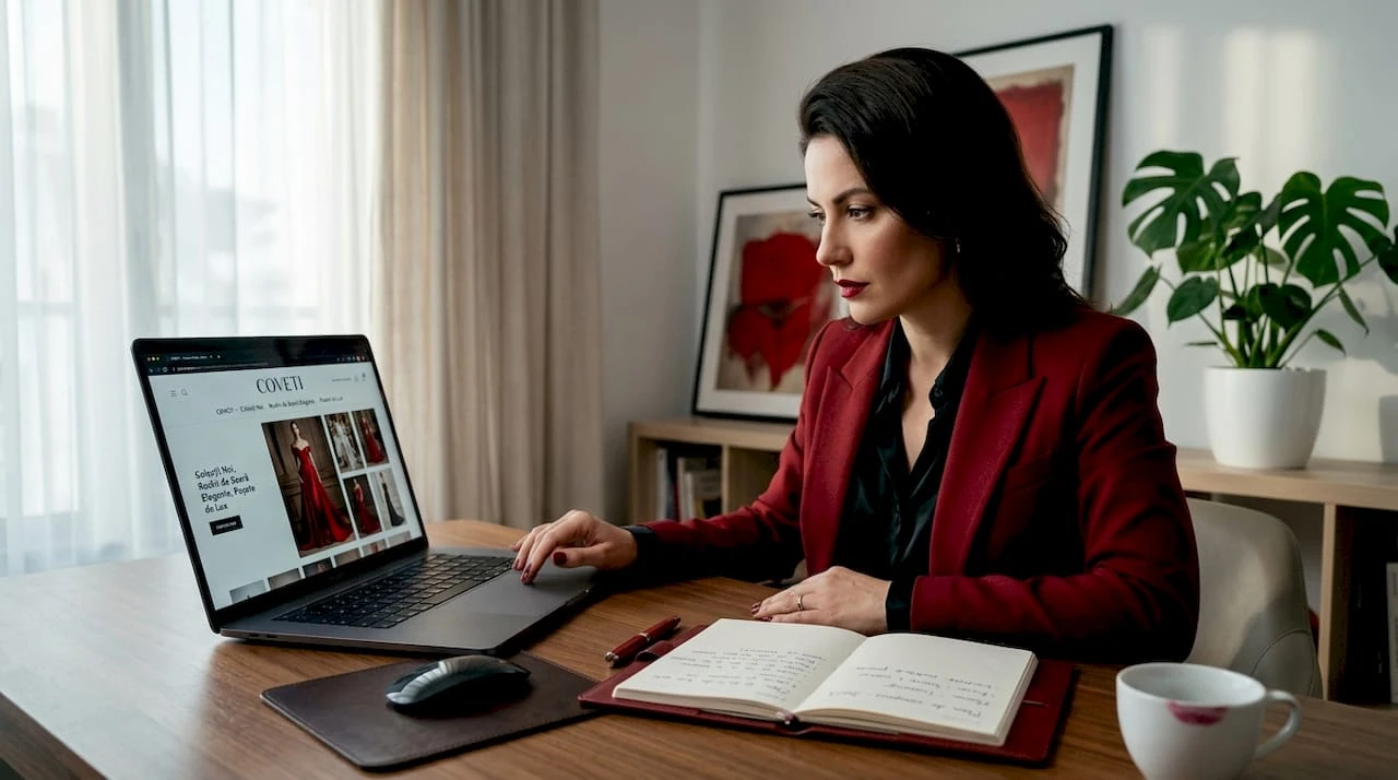 O femeie răsfoiește pe laptopul ei o platformă de modă exclusivistă, în căutarea celor mai noi tendințe și piese de designer.