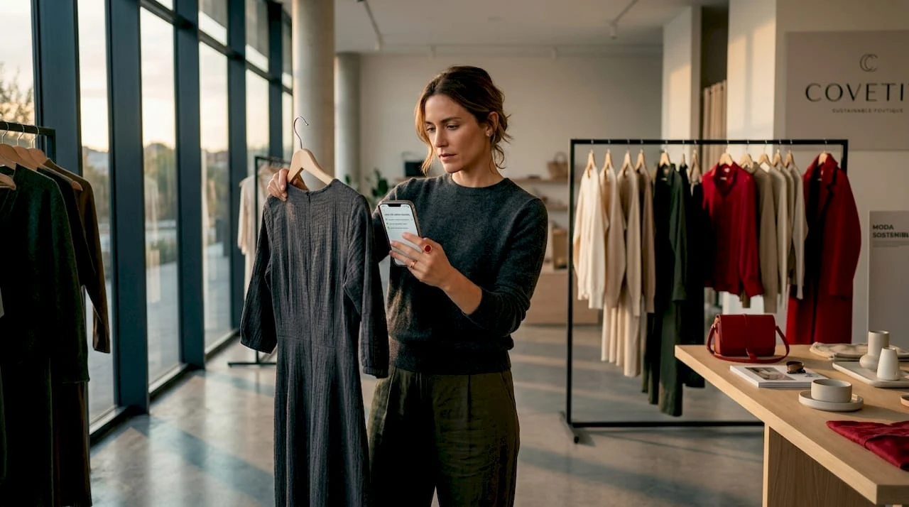 Una mujer revisa cuidadosamente prendas de ropa en una boutique, explorando las últimas tendencias y buscando el conjunto perfecto.