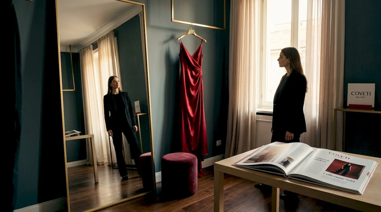 Donna che osserva e valuta un abito elegante da cerimonia