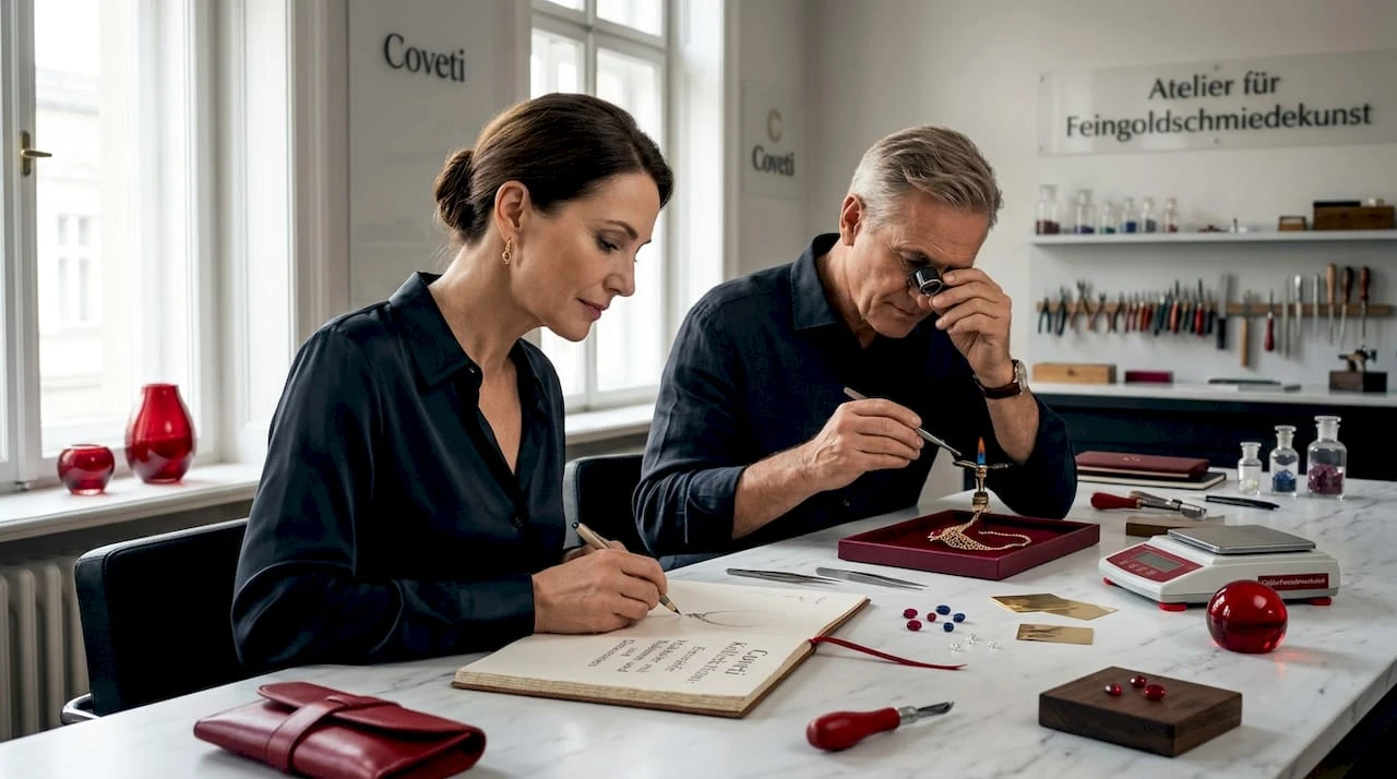 Ein Goldschmied arbeitet im Atelier an neuen Schmuckdesigns.