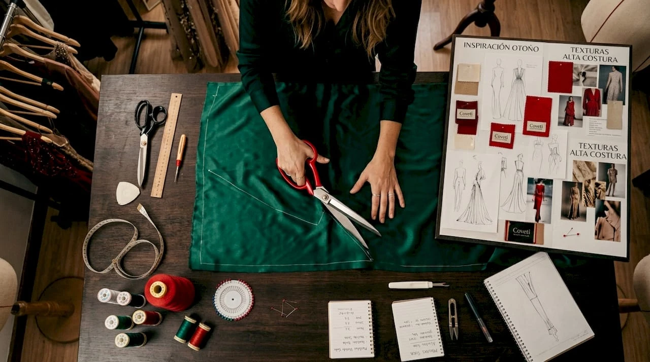 Creativa de moda desarrollando sus diseños en un taller de alta costura