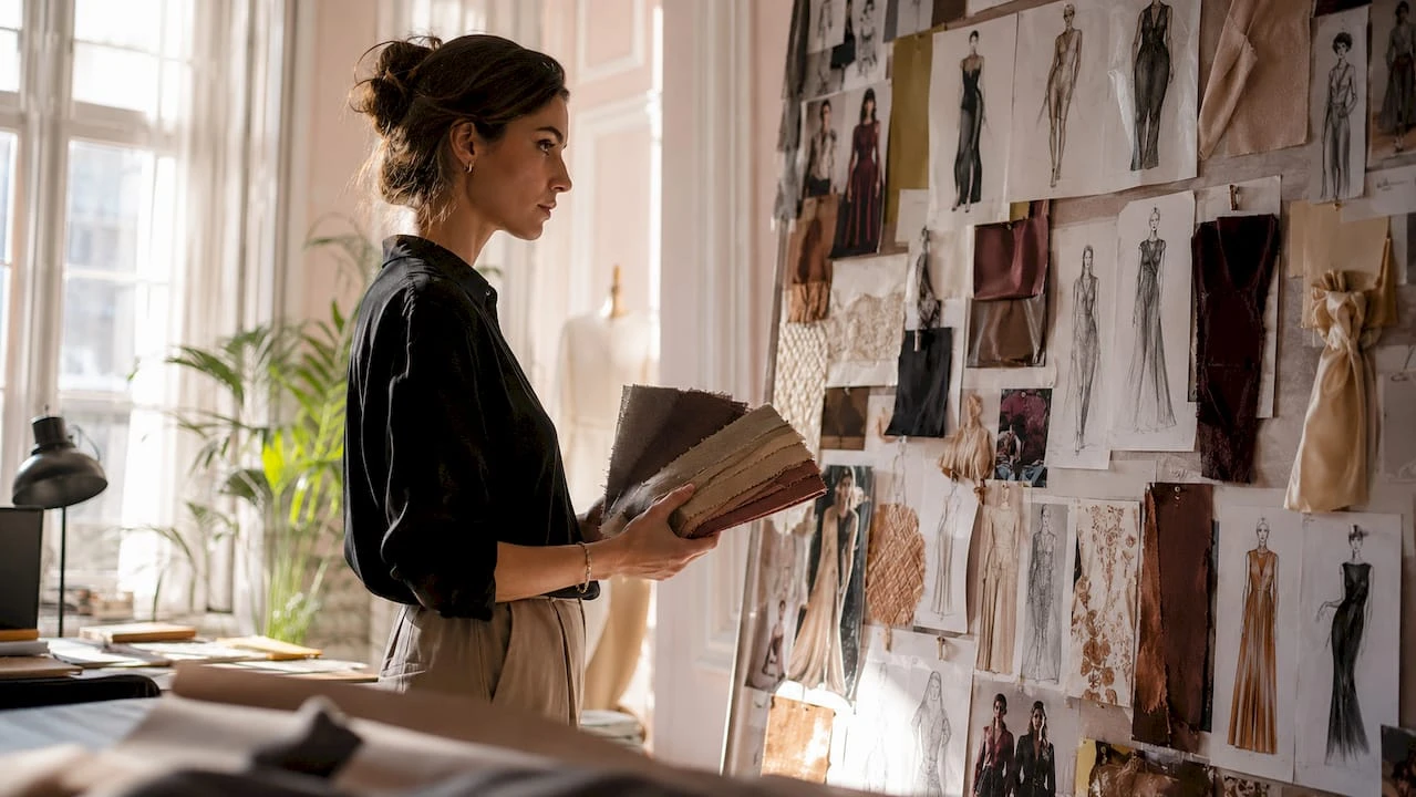 Modeontwerper verdiept zich aan zijn bureau in de nieuwste seizoenstrends.