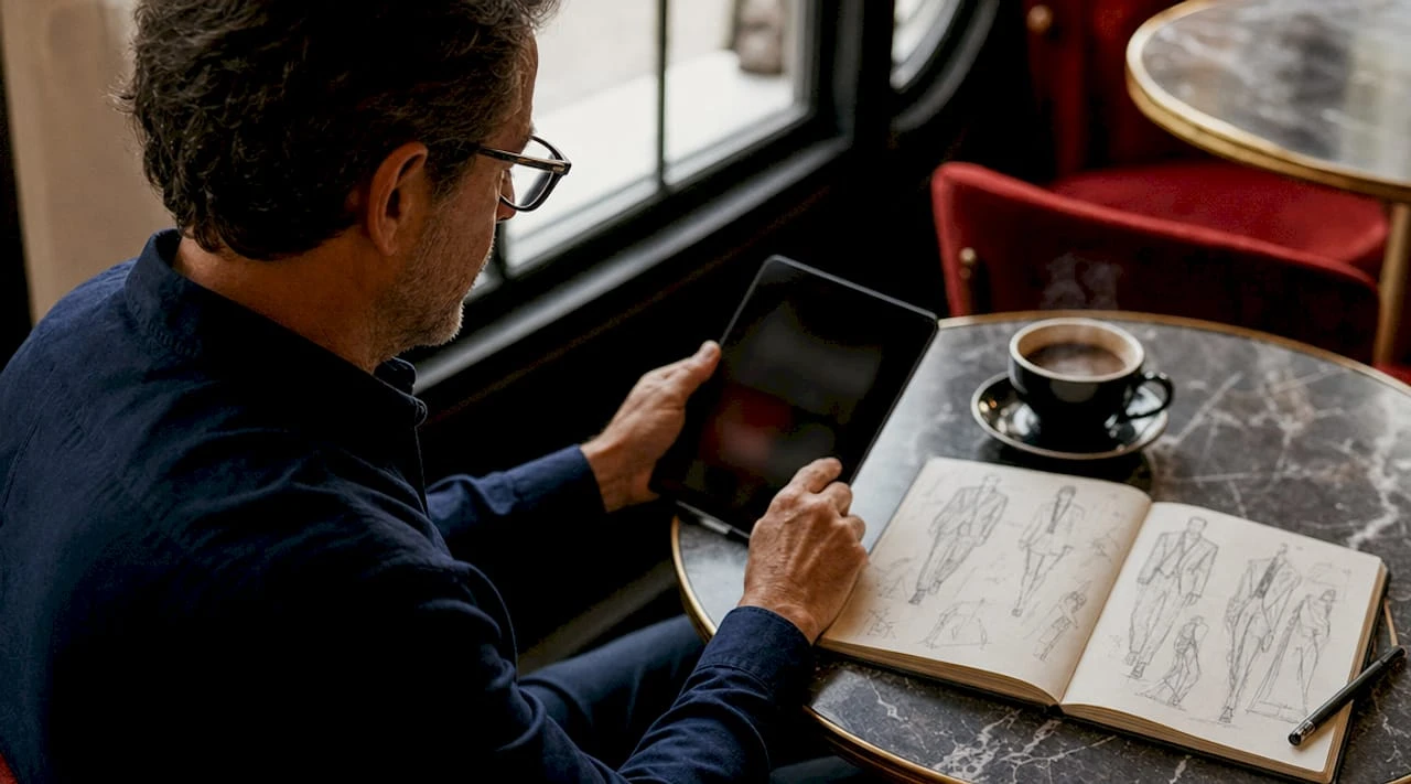 Un homme explore les dernières tendances de la mode de luxe sur son ordinateur portable.
