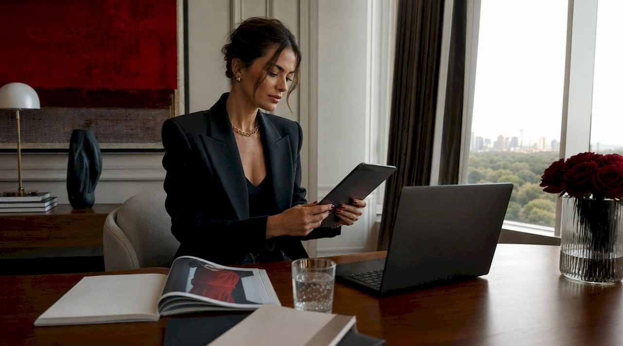 Een modeadviseur die op haar tablet exclusieve designerwebshops doorbladert.