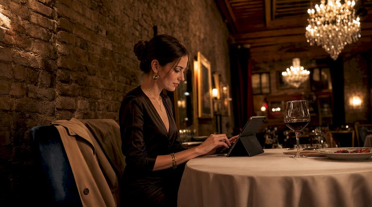 Una donna dallo stile raffinato esplora una piattaforma online dedicata alla moda di lusso.