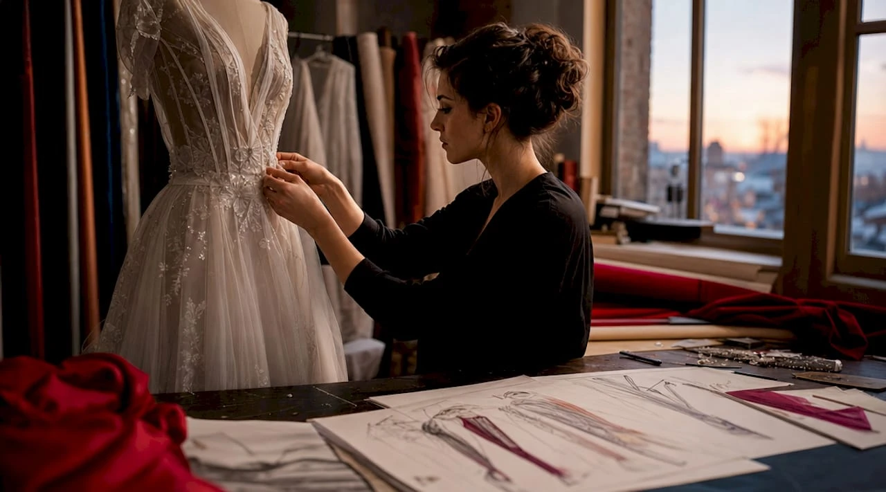 Estilista a fazer os últimos ajustes no vestido de noiva