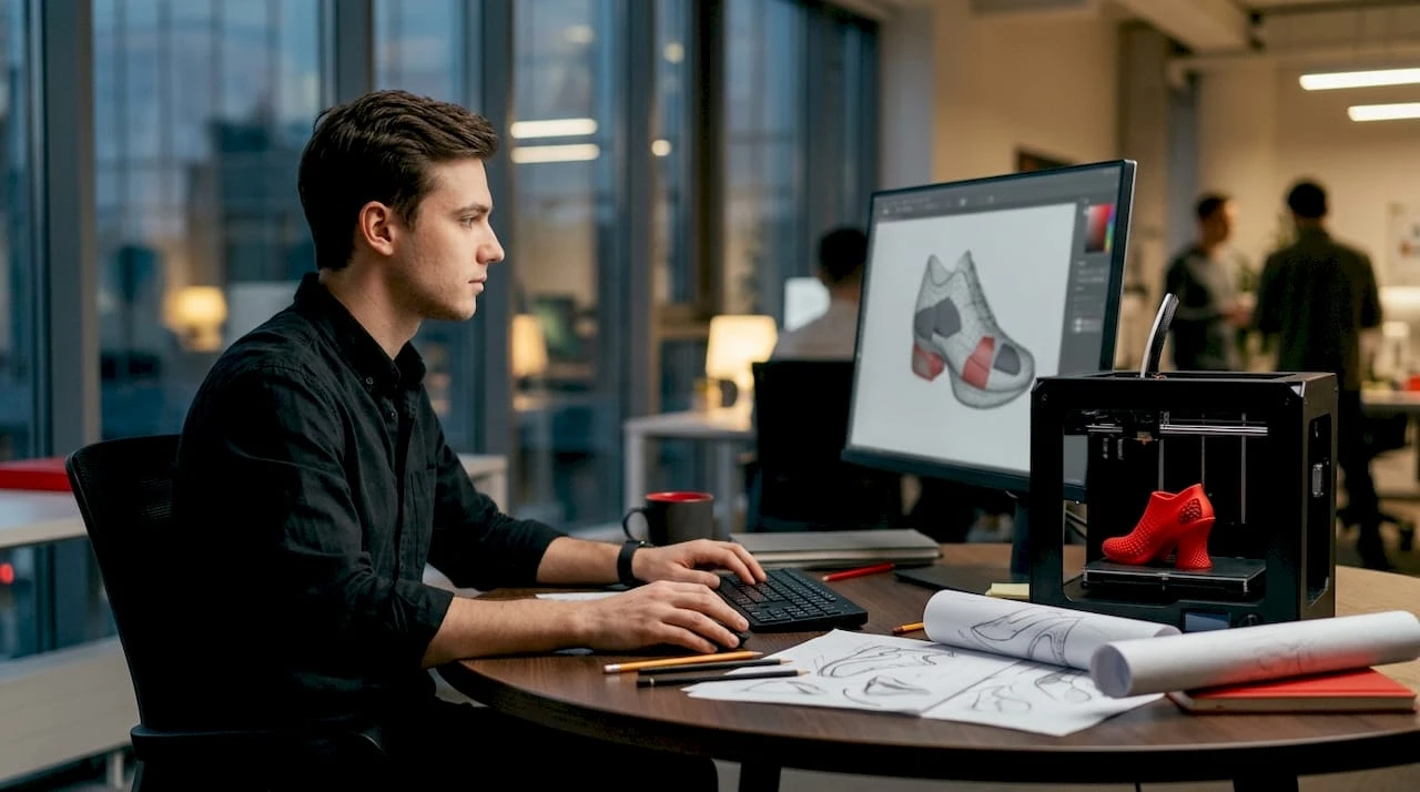 Специалист по 3D-моделированию обуви работает в мастерской, создавая уникальные виртуальные прототипы новых моделей.