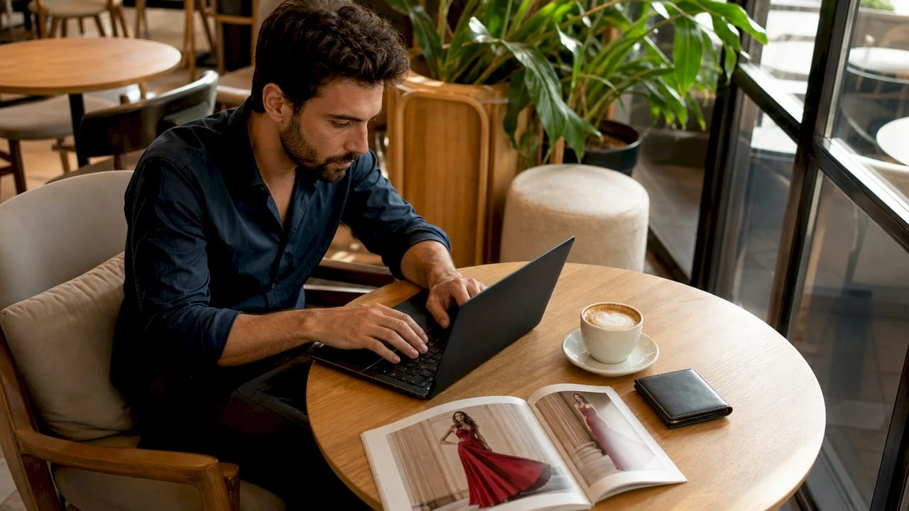 Uomo che acquista capi di moda di lusso su una piattaforma online