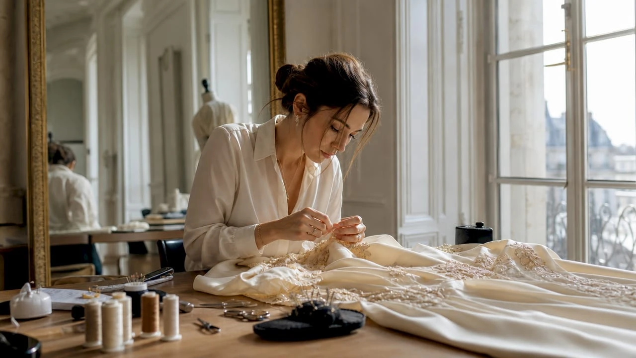 Una sarta cuce a mano un abito su misura all’interno di un atelier d’alta moda.