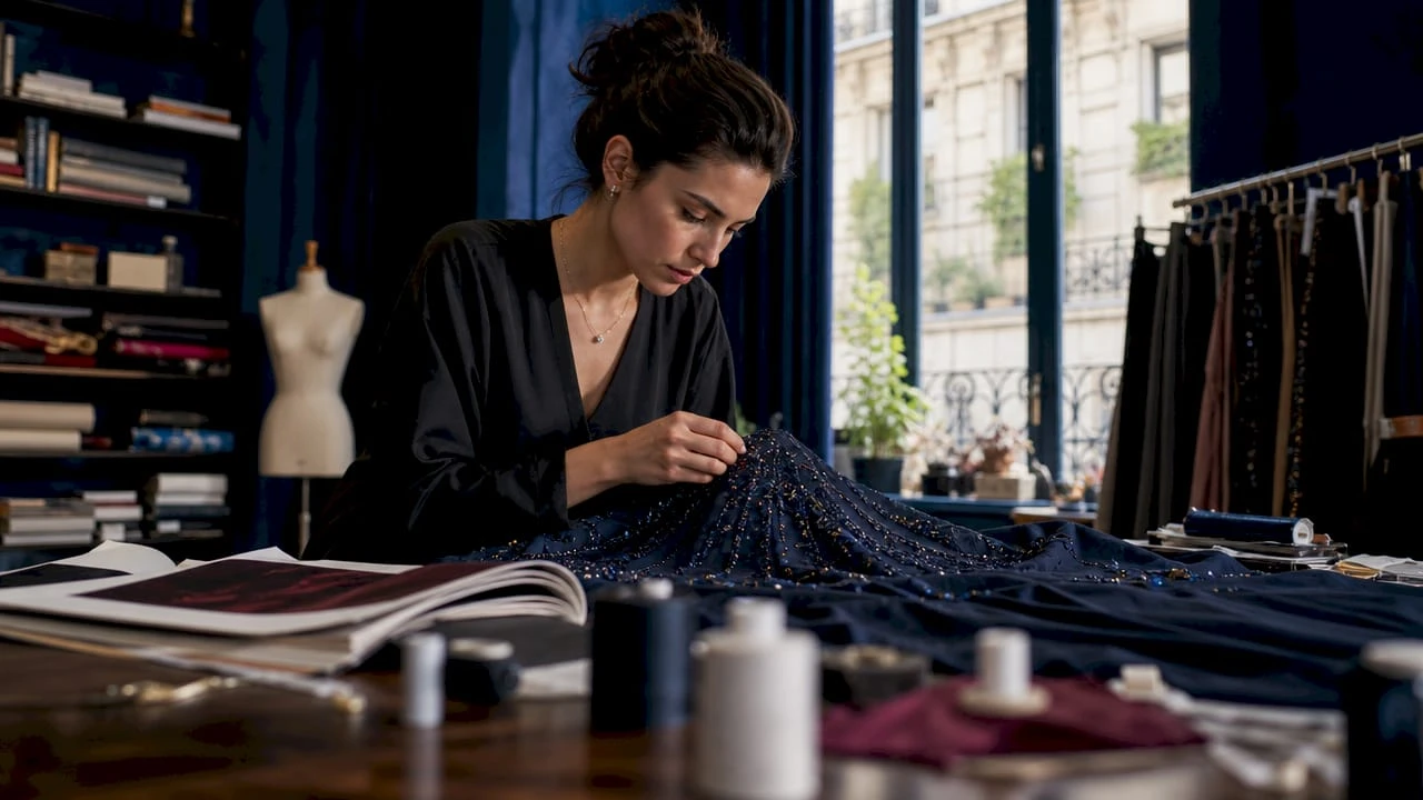 Een modeontwerper bekijkt aandachtig de fijne details van een luxe kledingstuk.