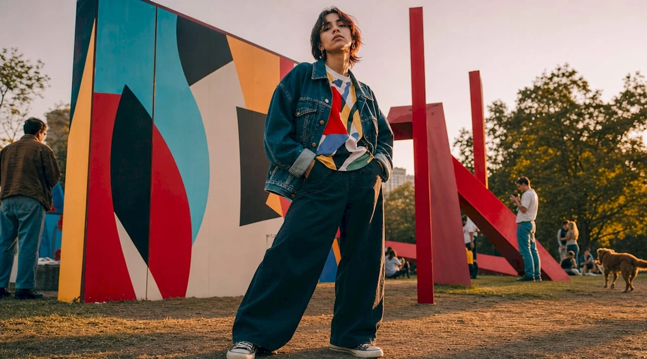 Una persona paseando por la ciudad con un look urbano y sin etiquetas de género.