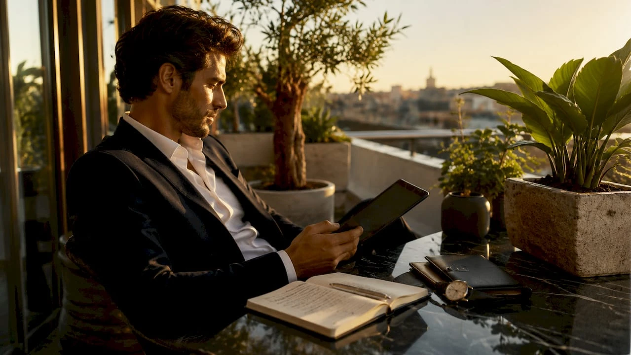 Hombre explorando tiendas de moda exclusiva en su tablet