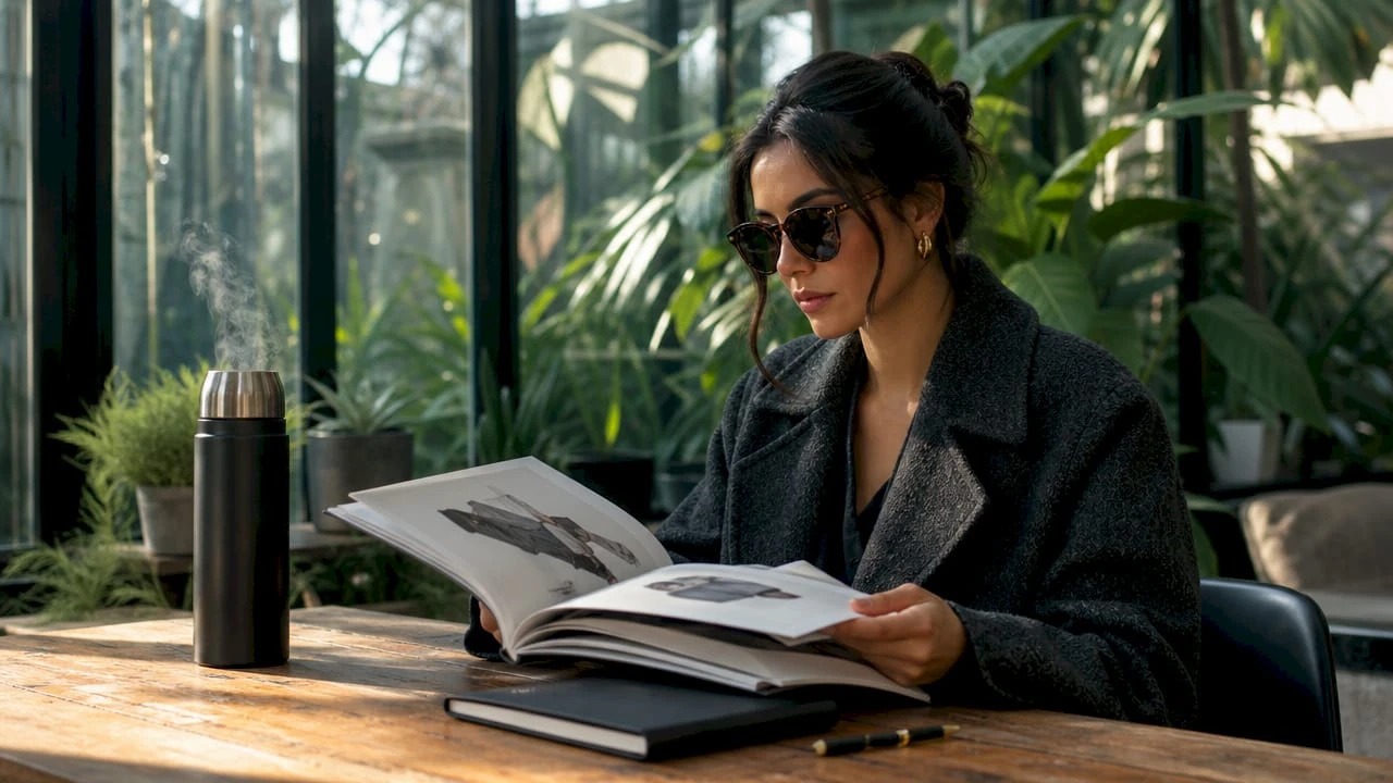 Una donna sorseggia un caffè mentre sfoglia il catalogo di giovani stilisti, curiosa di scoprire nuove tendenze.