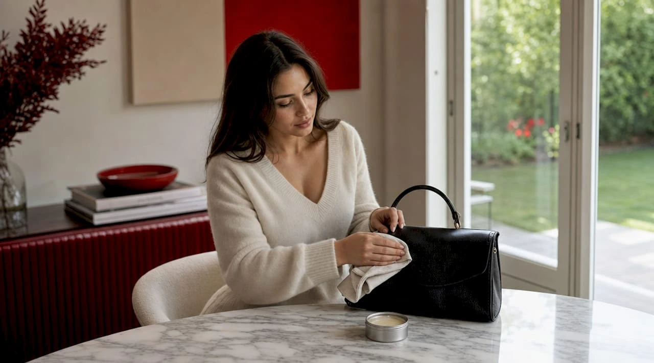 Eine Frau wischt ihre Ledertasche sorgfältig mit einem Tuch ab.