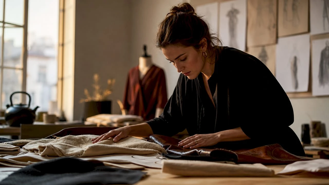 Una mujer explora con sus manos distintas muestras de telas exclusivas en un estudio.